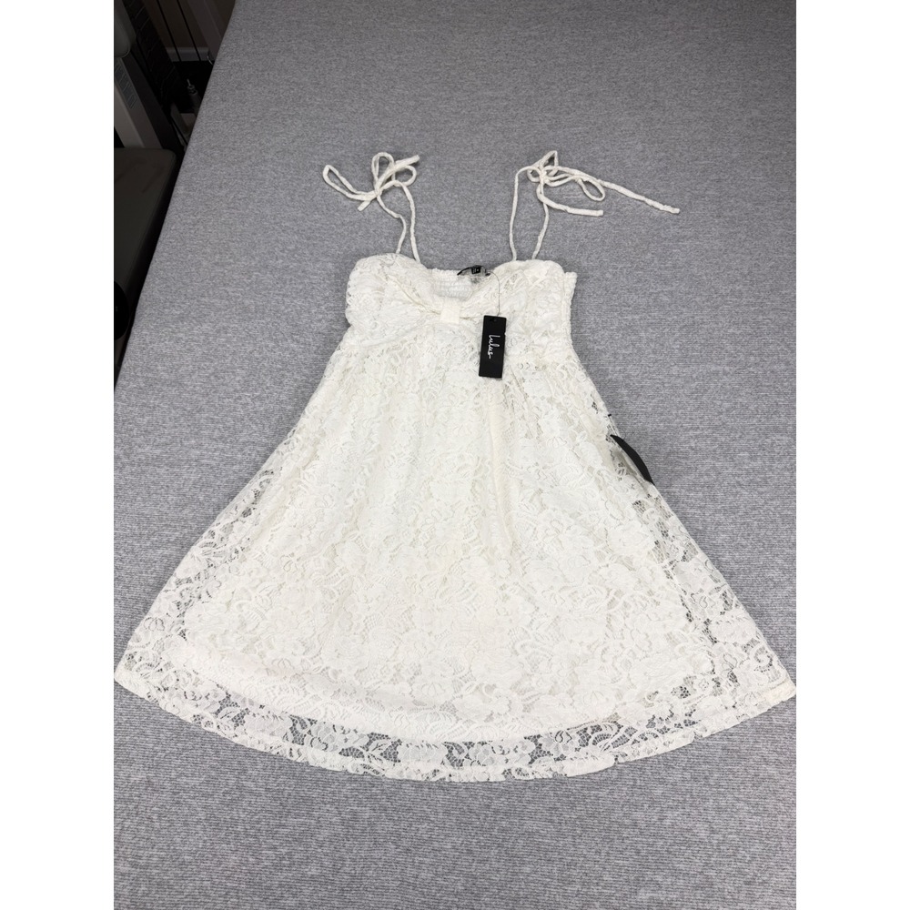 Lulus White Lace Mini Dress Tie Strap Smocked Back Bow Detail Small NEW
